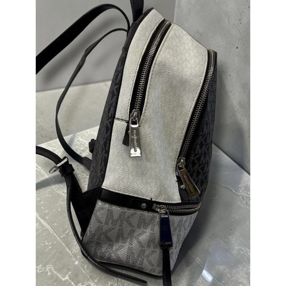 Michael Kors Rhea Medium Metallic MK Logo Backpack Silver Tone Zip Bag EUC